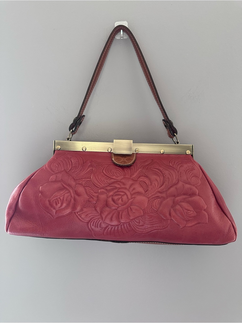 Patricia Nash Embossed Floral Frame-Top Shoulder Bag - Dark Red